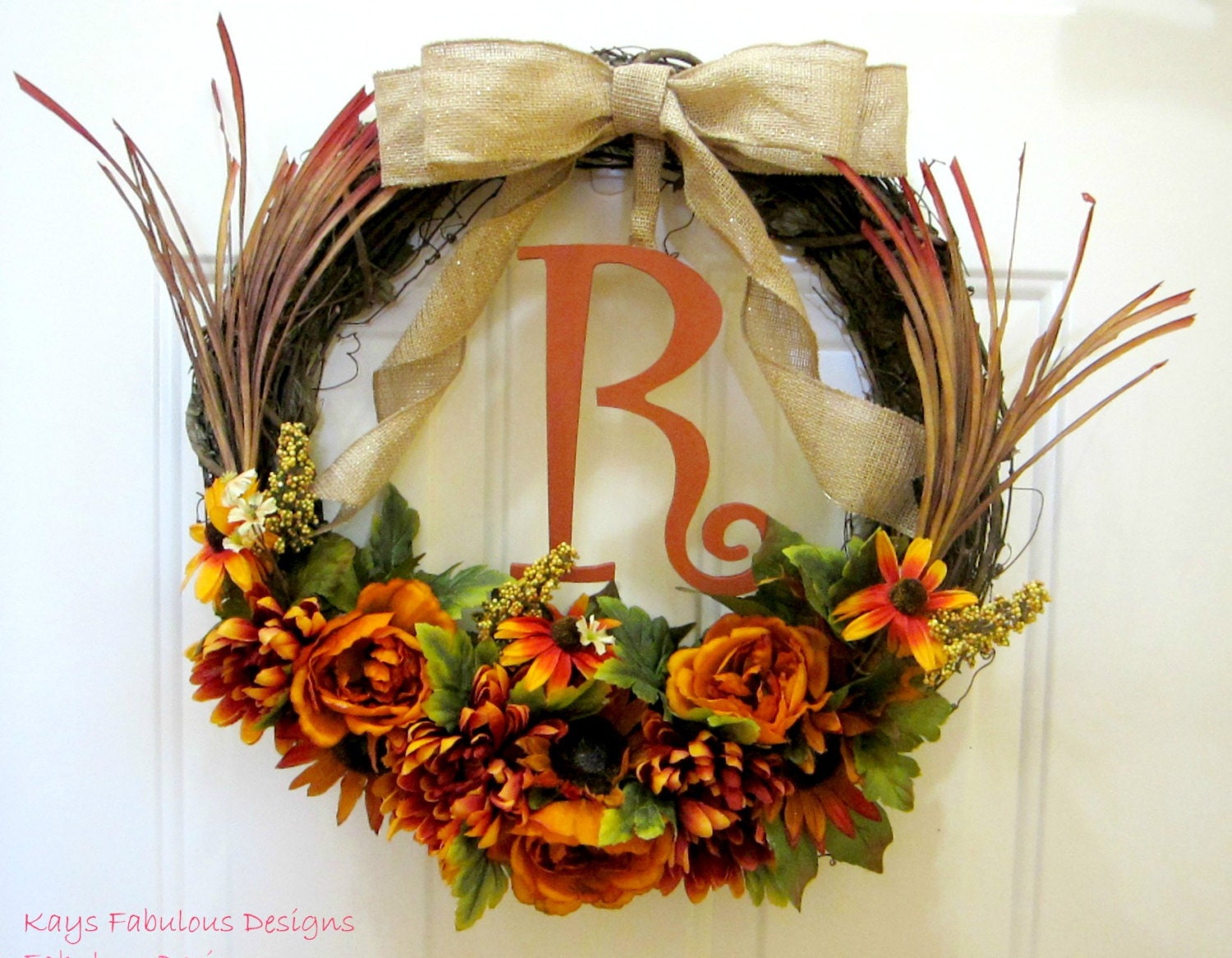 Fall Initial Wreath- Thanksgiving Wreath, with a burlap bow, sunflowers, carnations, berries, twigs, etc... - KaysFabulousDesigns