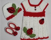 Crochet ladybug white dress, ladybug hat, ladybug booties, newborn dress, infant dress, baby dress, toddler dress, ladybug dress - HebaCrochet