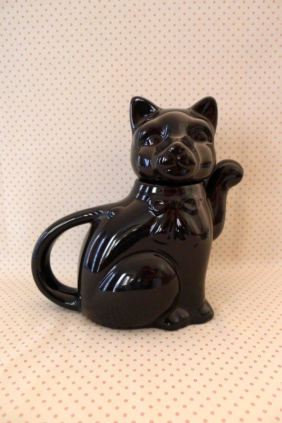 Vintage retro black cat china teapot. 2 cups of by RedLionMary