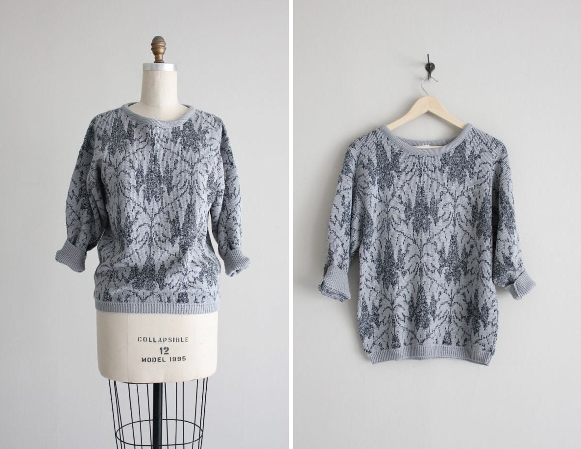 oversized gray sweater / gray printed sweater / vintage 80s sweater