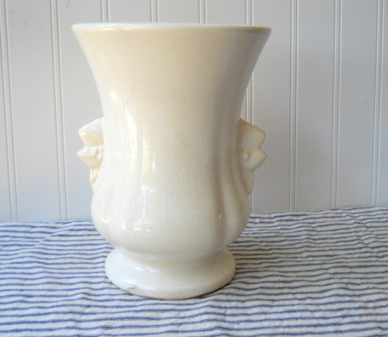 Vintage Mccoy Pottery Vase Cream White Leaf And By Hopeandjoyhome