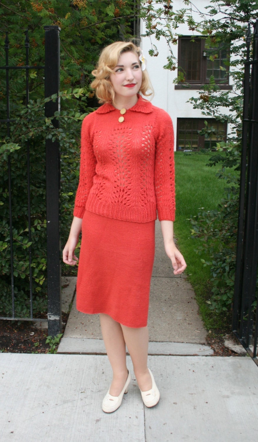 Vintage 1930s Persimmon Orange Knit Sweater Skirt /Two Piece Dress Set