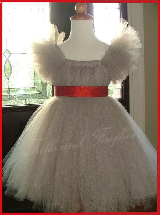 Silver Grey Flower Girl Tutu Dress with Red Satin Sash and Sleeves Also Great Party Dress, Birthdays, Ask about other color Tulle and Sashes