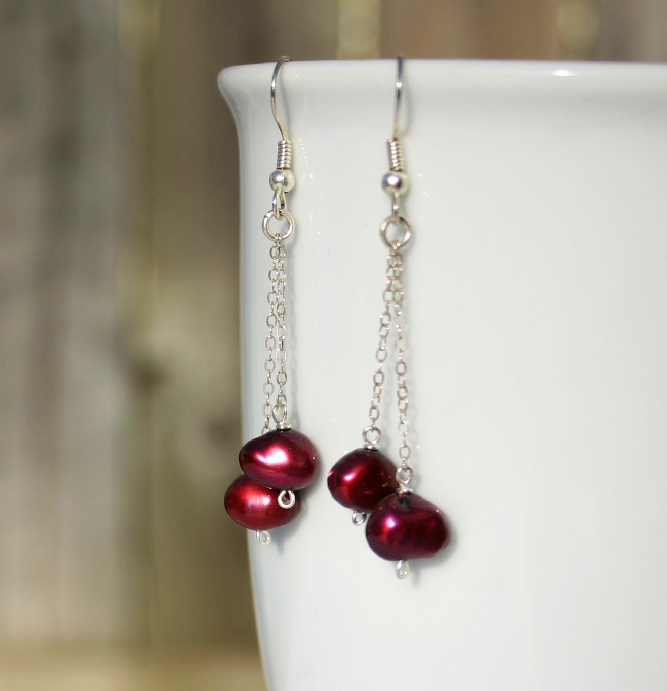 Ruby red pearl chain drop earrings - Drakestail