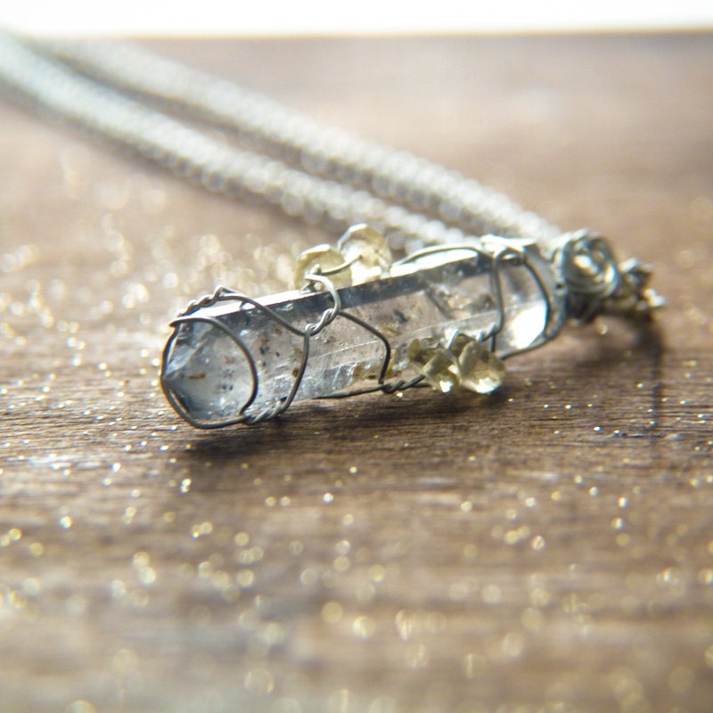 Tibetan Black Quartz Point Wire Wrapped Pendant Necklace - Wire Wrap Rustic Jewelry - Citrine and Quartz Necklace