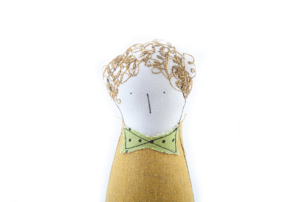 Soft sculpture - Curly blond , boy doll in mustard yellow dotted green bow blouse and beige linen striped pants , eco handmade doll - TIMOHANDMADE