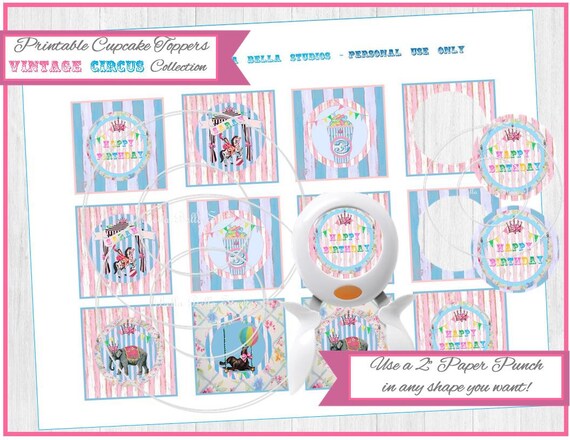 Vintage Circus Carnival Birthday Party Girl and Horse CUSTOM diy Printable CUPCAKE TOPPERS - Party Circles by Bella Bella Studios Il_570xn
