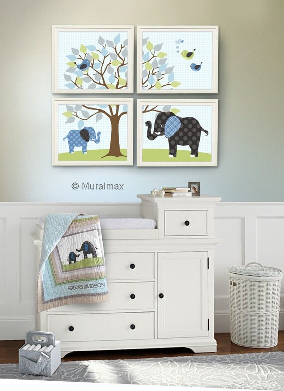 Baby Boy Room Nursery print Baby elephant Blue Green by MuralMAX