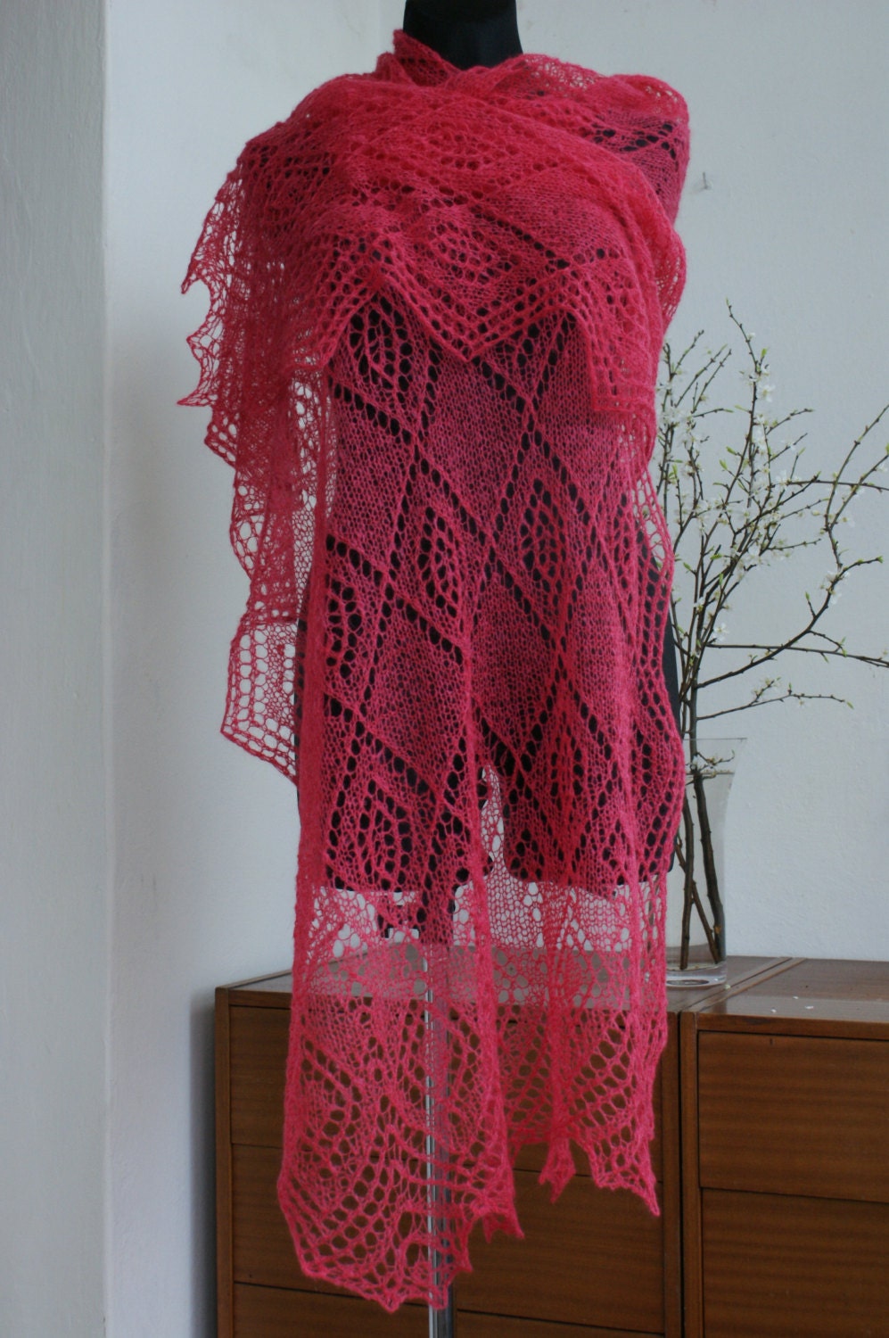SALE!!!  Raspberry Hand Knitted Lace Stole - AnazieArtDesign