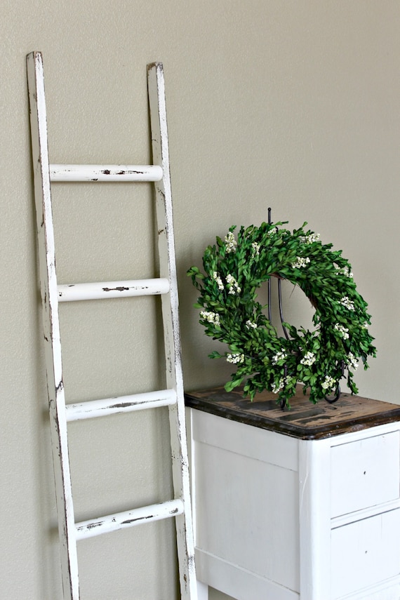 Ladder Vintage Rustic, Blanket Ladder, distressed pot rack, White Wood ...