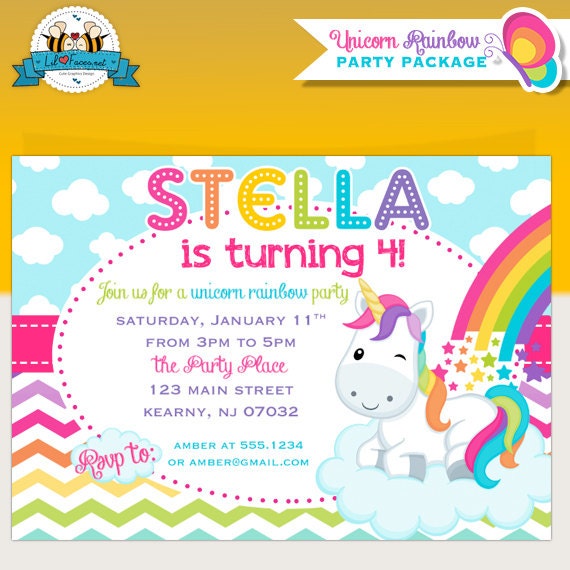 Unicorn Rainbow Birthday Party Invitation - Invite Card - Personalized invitation - Colorful Rainbow