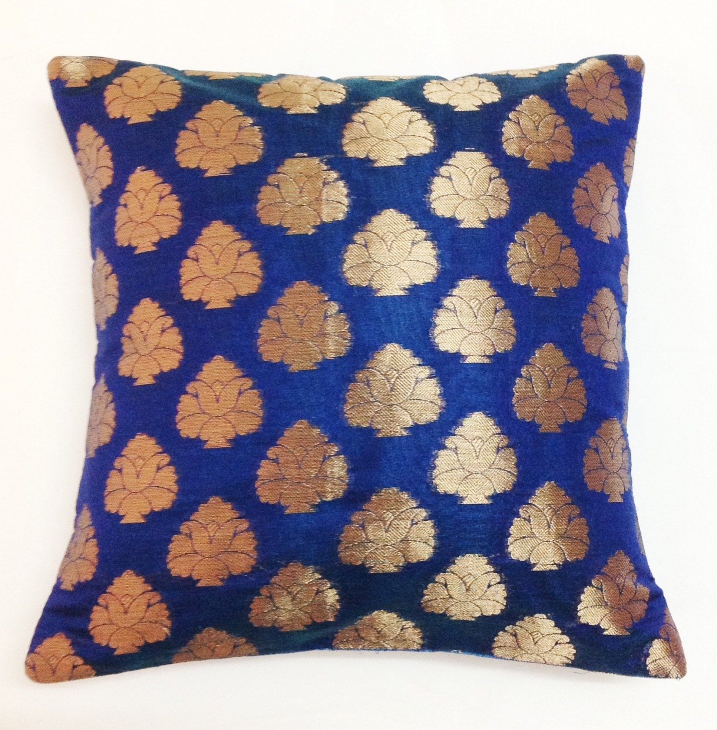 Electric Blue and Gold Decorative Silk Pillow Cover - Handmade Throw Pillow - Silk Cushion Cover  12x12 inches - DesiPillows