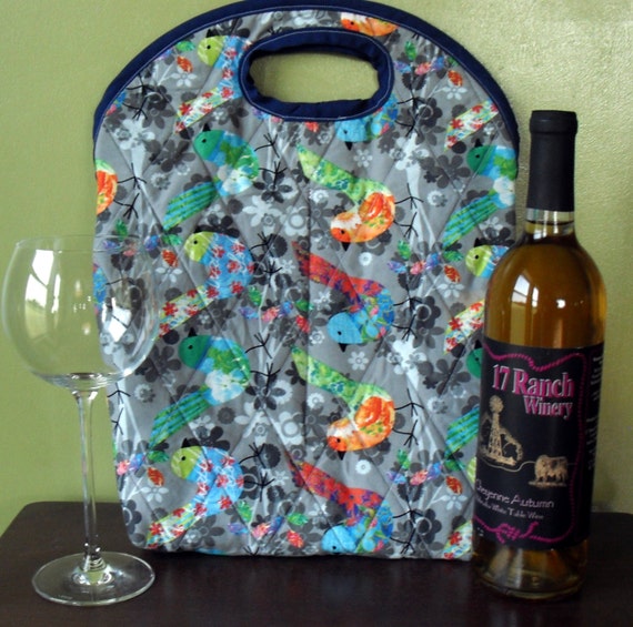 Quilted wine tote bag in colorful bird print cotton grey blue fabric ...