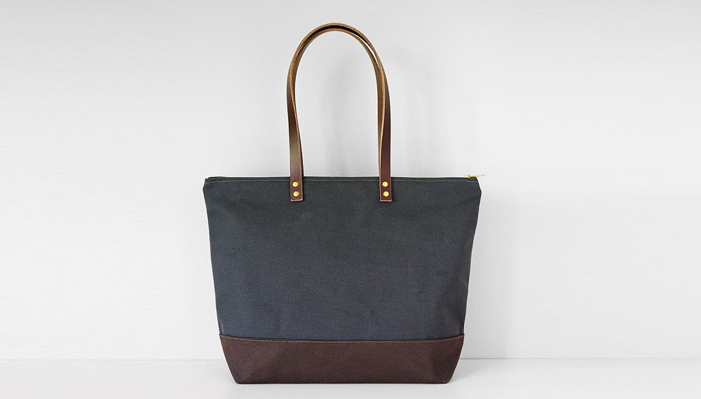 Medium Zipper Tote Waxed Canvas Bag / Leather by ModernCoup