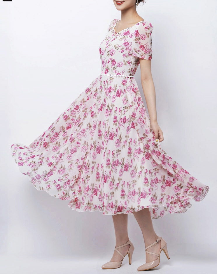 Maxi Chiffon Dress Floral Dress Vintage Dress Beach dress Dating dress - Fashiondress1