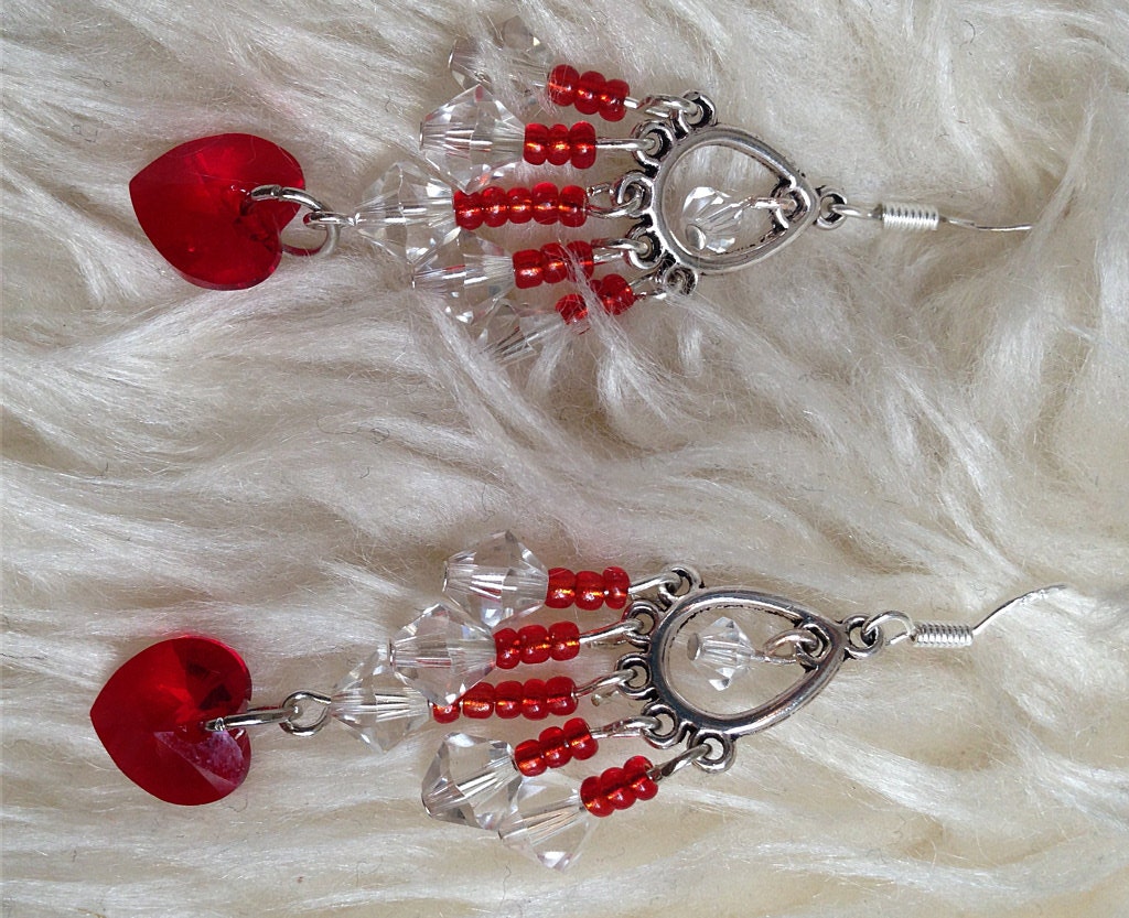 CRYSTAL HEART Teardrop Chandelier Earrings: Authentic Sparkling Swarovski & Czech Glass Beads, Sterling Silver Earwires OOAK Gift for Her - TwinklingOfAnEye