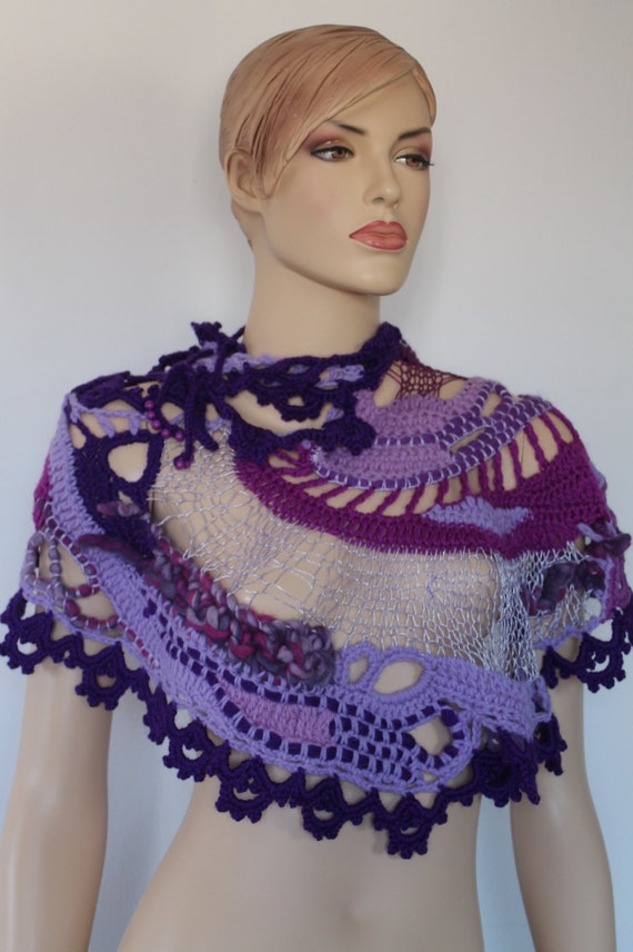 Lilac and Violet Freeform Crochet Knitting  Scarf - Shawl  / Fiber Art / OOAK