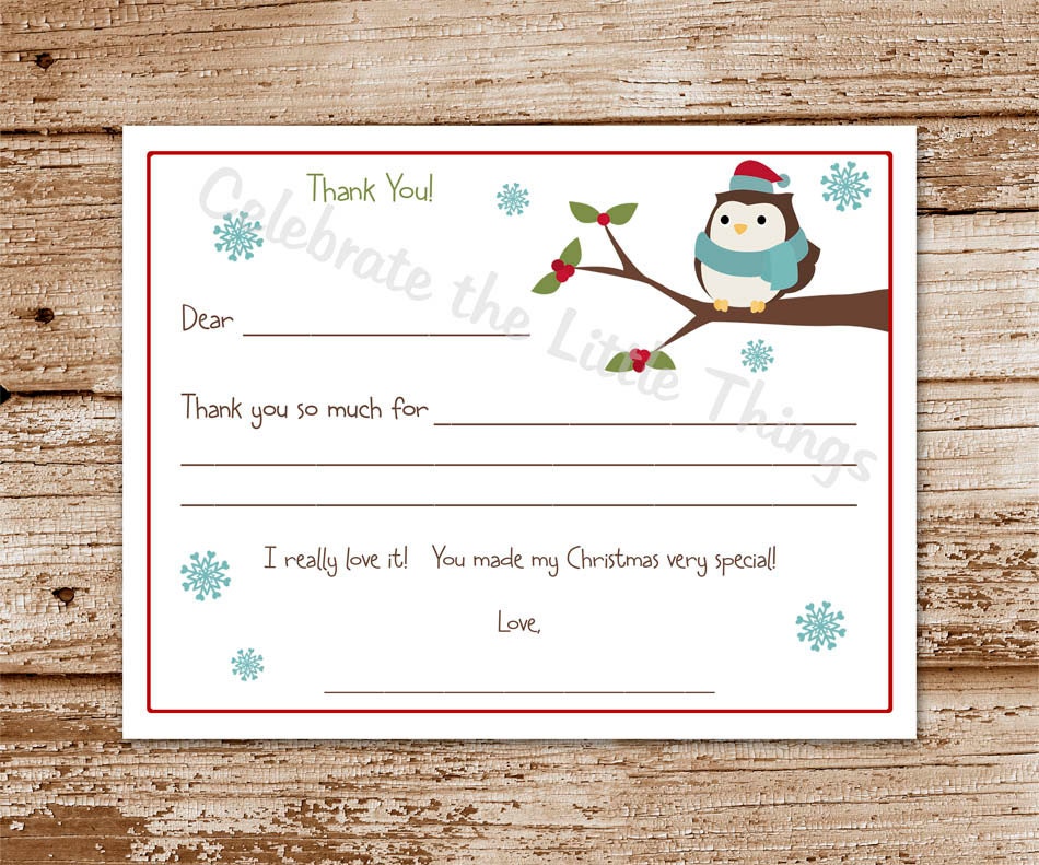 Printable / Christmas Fill-In Thank You Cards for Kids / Santa Owl (Instant Download) Il_570xn