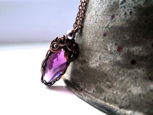 Purple Swarovski Necklace - wire wrapped Copper necklace, Swarovski crystal marquise and black pearl necklace, gothic arrow dramatic - NurrgulaJewellery