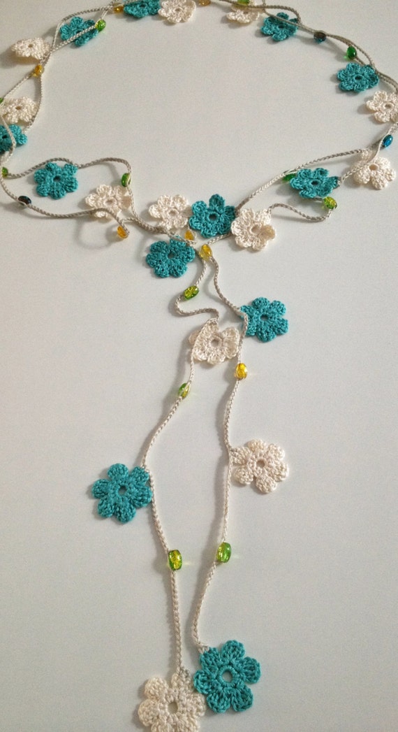 Blue and cream flowers Turkish style beaded crochet necklace