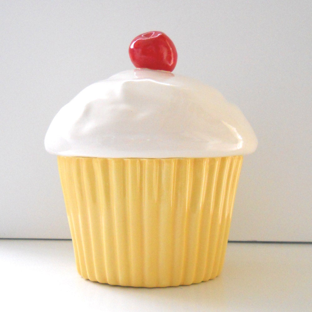 Ceramic Cupcake Cookie Jar with Cherry Buttercream by fruitflypie