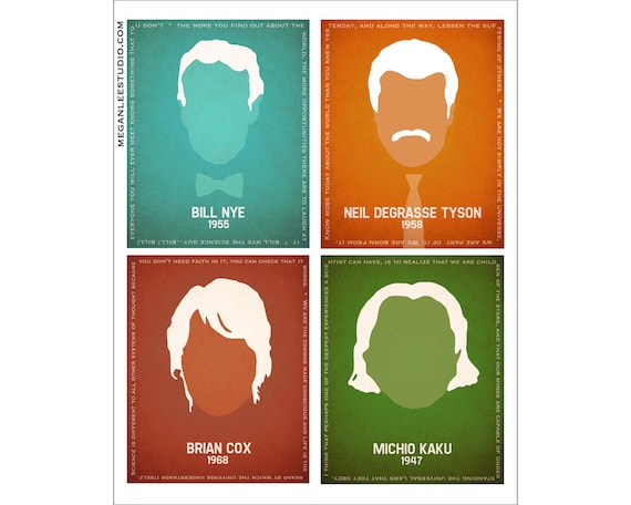 All Four in One 11x14 Print - Silhouette Scientists Art Bill Nye, Neil deGrasse Tyson, Michio Kaku, Brian Cox Inspirational Sience Quotes