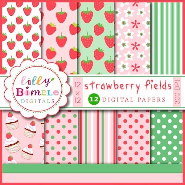 Instant Download Strawberry Fields 12 Digital Papers for scrapbooking, cards, invites Il_570xn