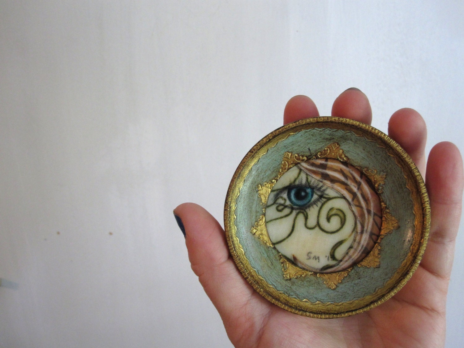 I see through you, vintage circle frame, gold leaf, tiny art, Original Fabric on Wood art - shellieartist