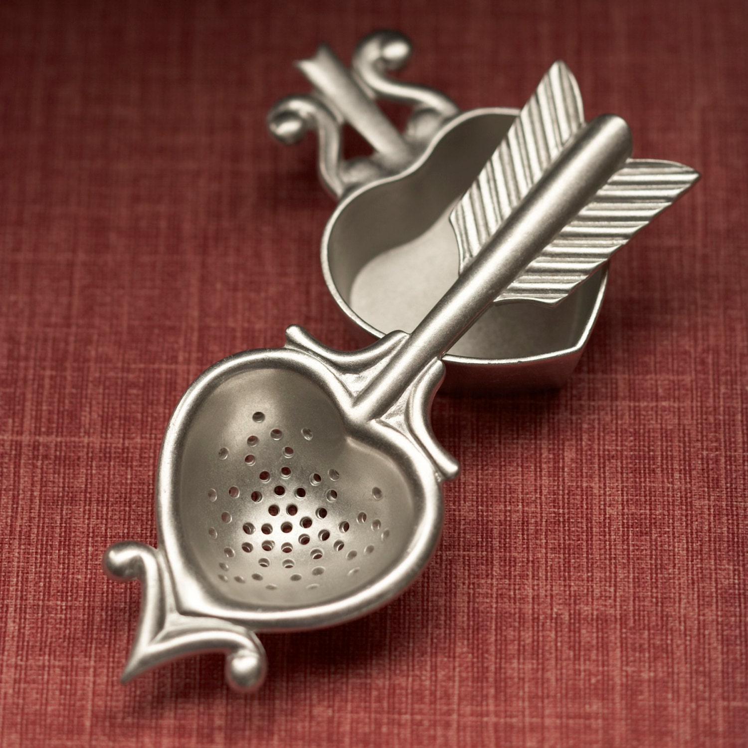 heart tea strainer with rest - hand cast pewter