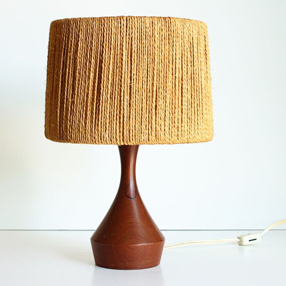 vintage teak lamp rope twine shade mid century by OldCottonwood
