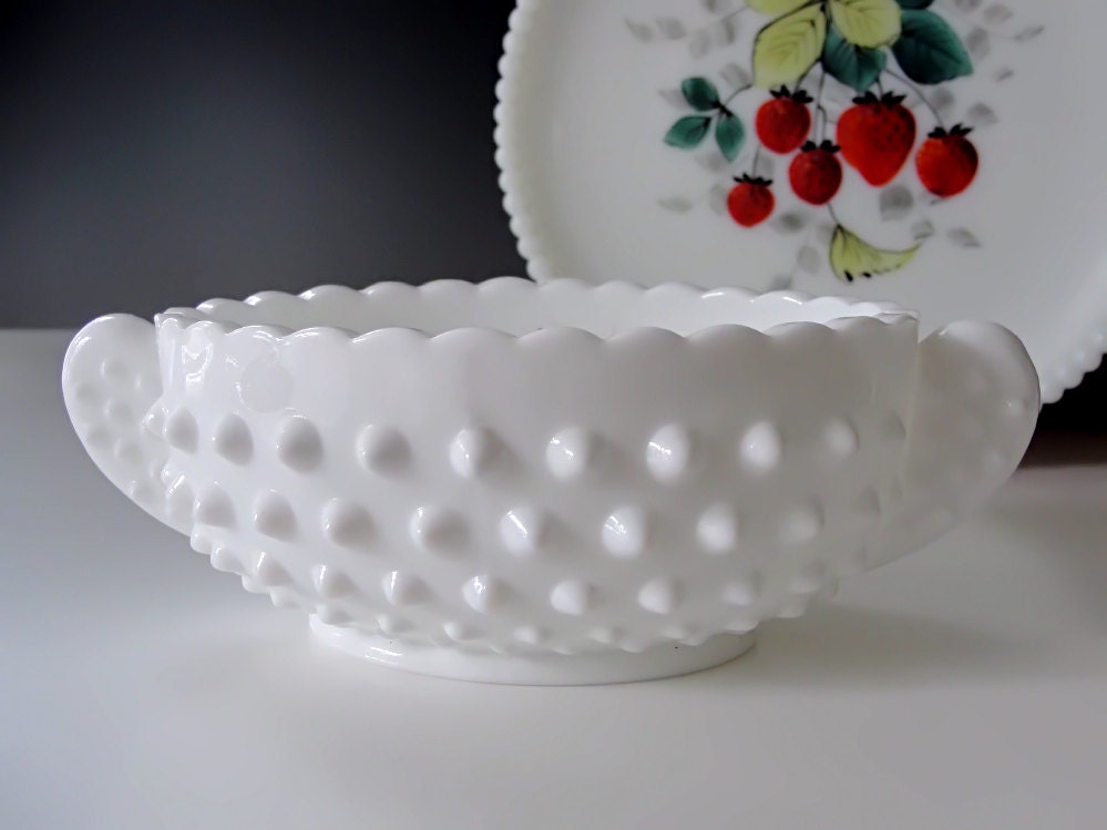 Fenton Milk Glass Hobnail Dish Oval Handled Bowl By Retrorevival