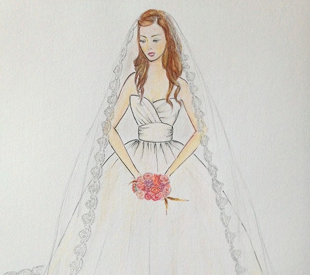 Custom wedding dress with veil illustration, original wedding dress drawing, bridal dress sketch, gift for the bride - Zoia