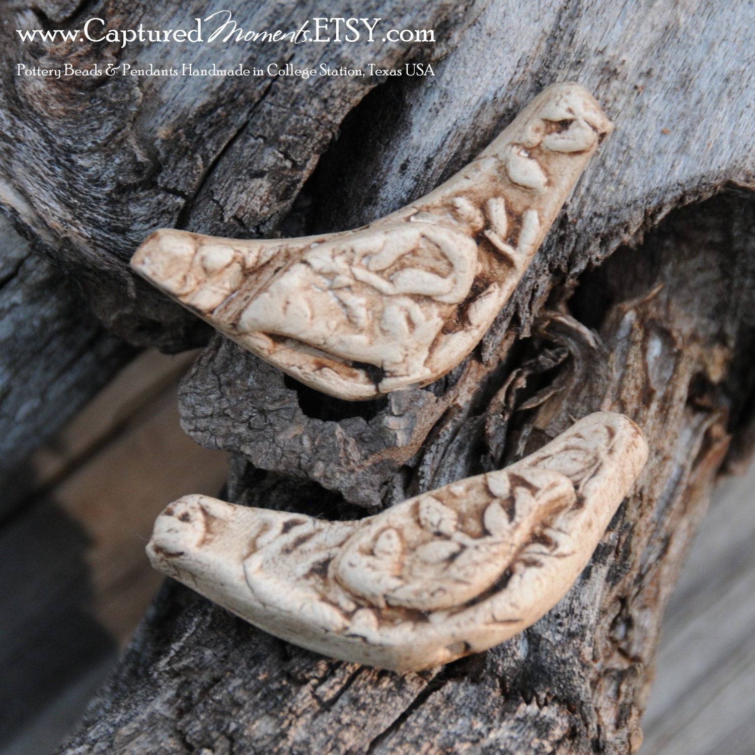 2 Pottery Bird Beads with leaf design