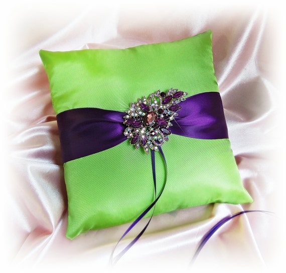 Wedding ring bearer pillow green and purple, purple rhinestone crystal brooch