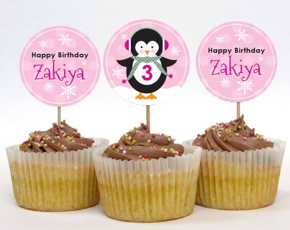 Little Penguin Girl Printable Cupcake Toppers or Party Circles Personalized (Digital File) Il_570xn
