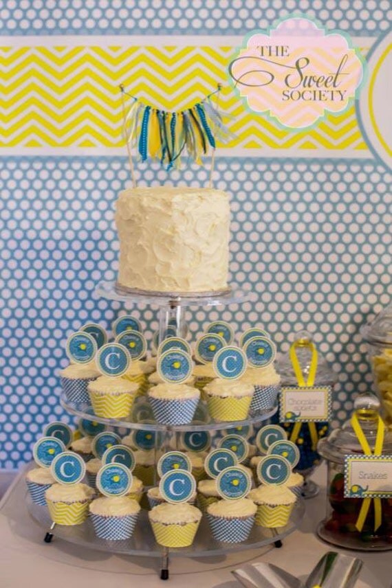ELEPHANT CHEVRON DOT Printable Cupcake Toppers - Blue and Yellow Il_570xn