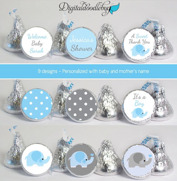 stickers for HERSHEY'S KISSES party baby shower favors (kiss41) elephant boy polka dots blue gray