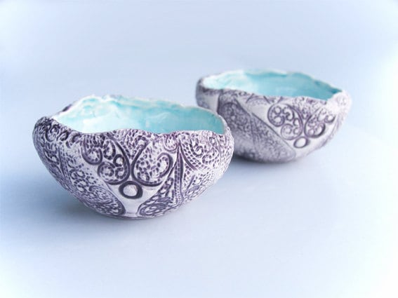 Set of two Ceramic bowls, turquoise, white and aubergine,  candle holder, ring holder, home decor - azulado