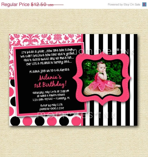 HOLIDAY SALE 10% off Hot Pink and Black Kaledioscope Custom Photo Birthday Invitation - Damask - Polka Dots - Stripes - PRINTABLE Invitatio Il_570xn