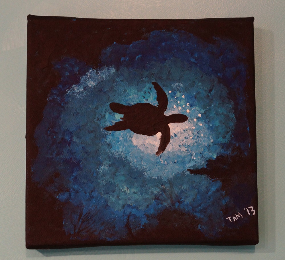 Sea Turtle Silhouette 8x8 Canvas Painting by TheCreatorsPorch