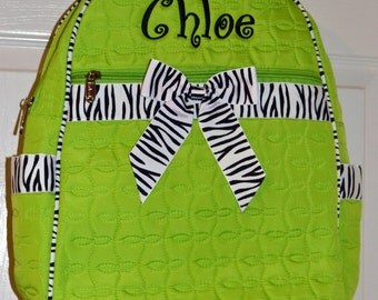 Lime Green and Zebra Quilted Backpack Peronalized monogram Preschool Kindergarten or School Age