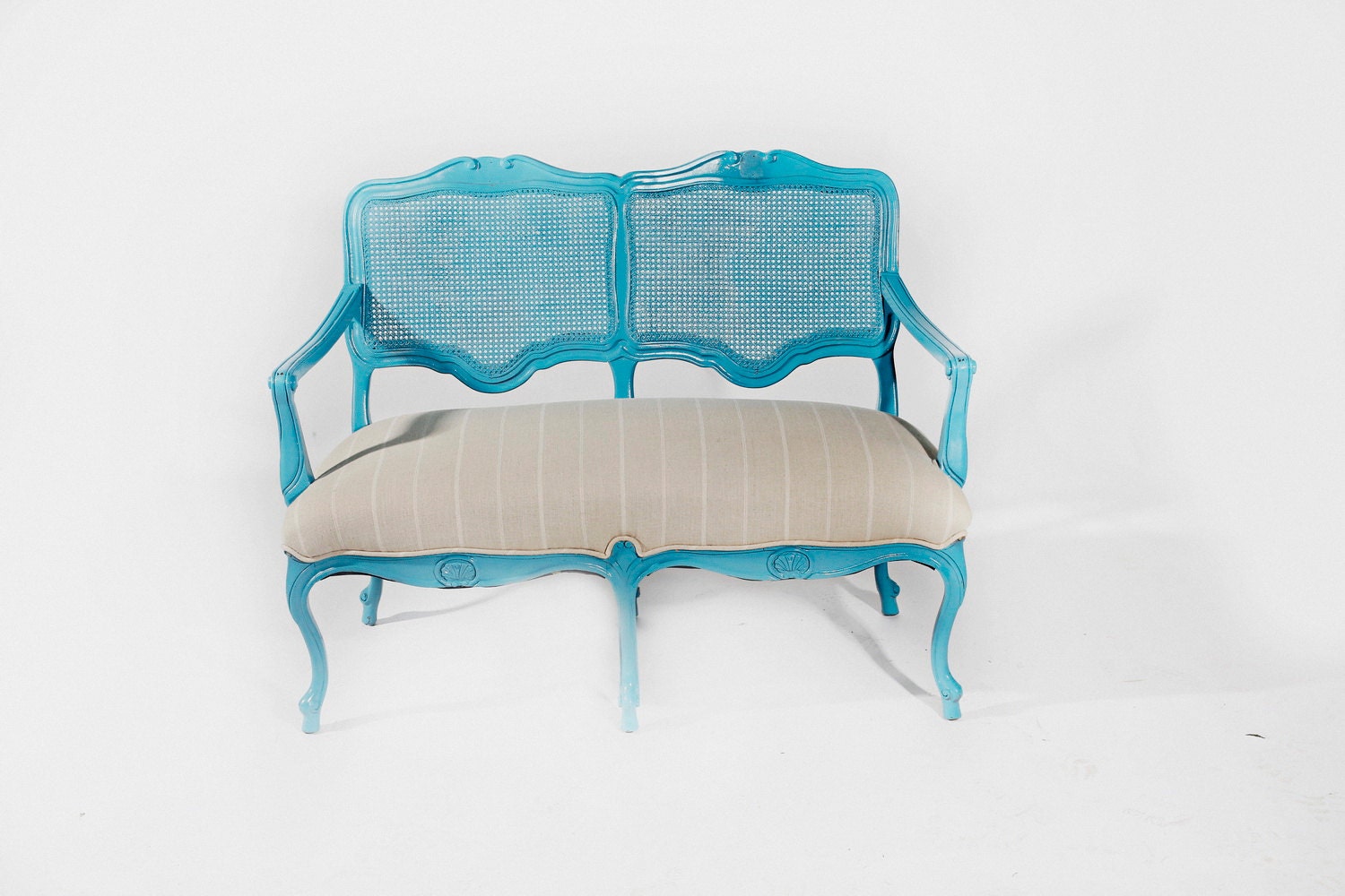 Hollywood Regency Turquoise Blue Upholstered Loveseat - retrospectiveaustin