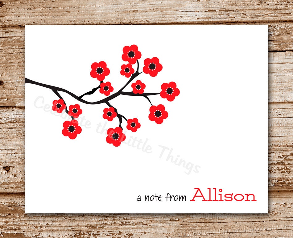 Set of 8 / Cherry Blossom Cards / Personalized Stationery / Note Cards / Flowers / Tree / Red Il_570xn
