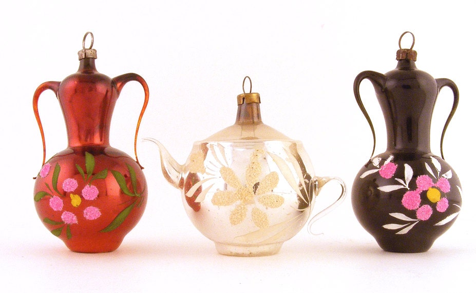 Christmas Ornaments Mercury Glass Urns & Tea Pot Hand Blown Glass West German Lot of 3 - TidBitz