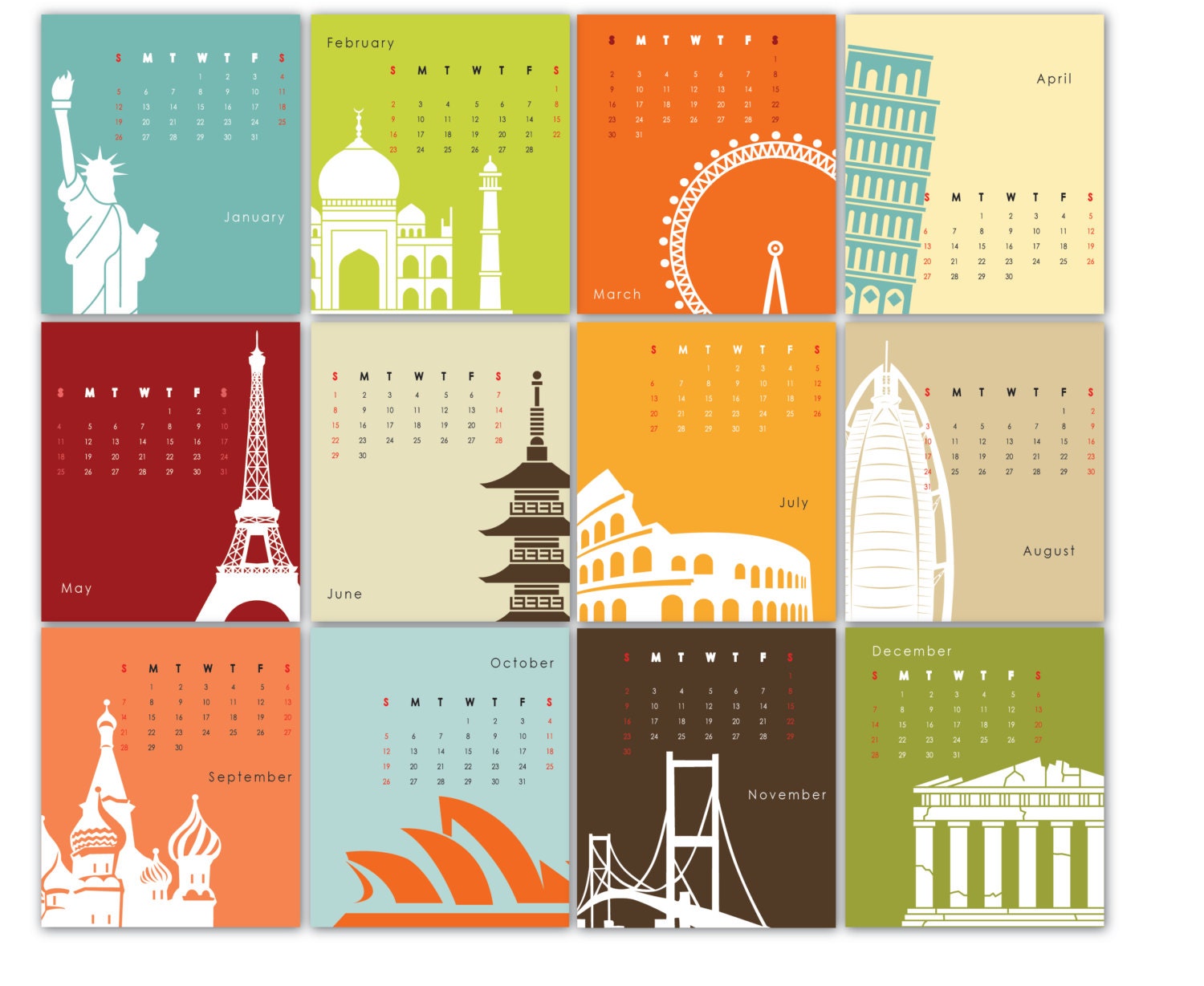 Printable Calendar 2014 - Landmark Architecture, Building Silhouettes, travel destinations - colorful illustrations