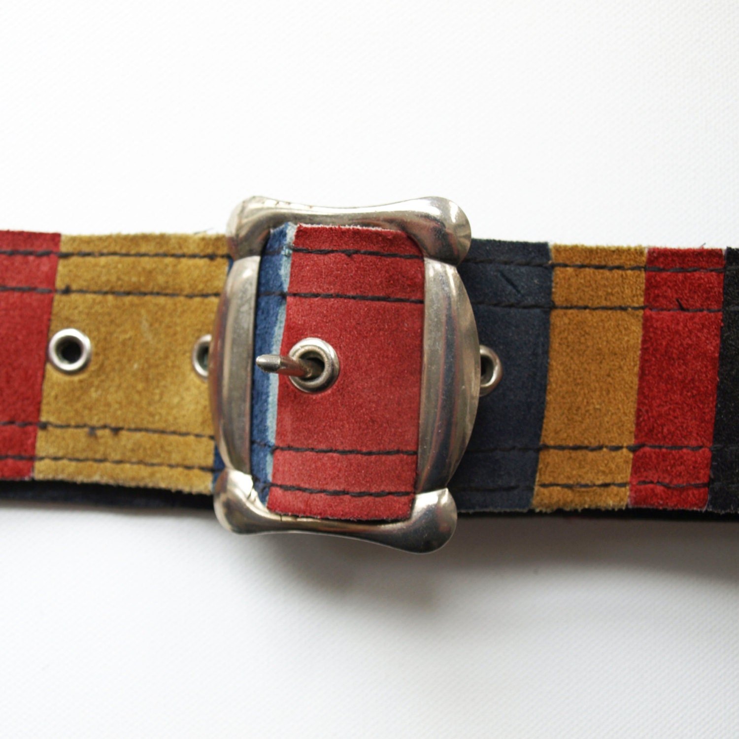 Vintage 60s coloured suede red mustard yellow and blue stripes patchwork hippy belt - PennyDreadfulVintage
