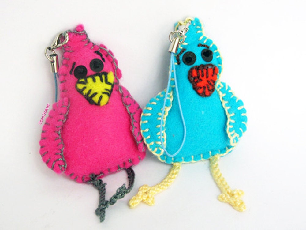 2 Felt birds Toy plush stuffed animal kawai cute Easter decoration keychain Blue Pink