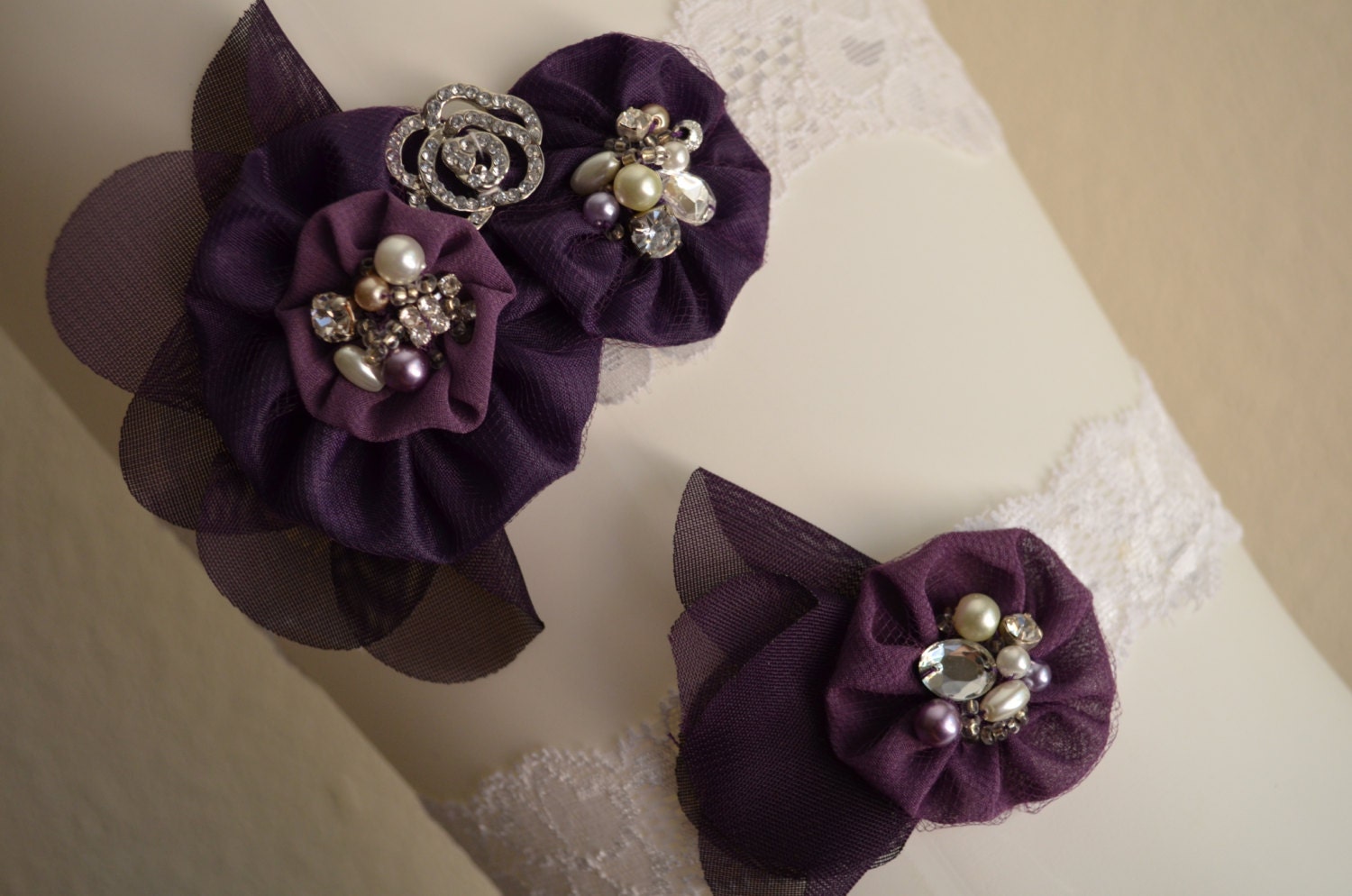 One of a KIND,White or Ivory Lace Garter, Garter Set, Purple, Plum, Eggplant garter, Pearls, Rhinestones, Vintage Garter
