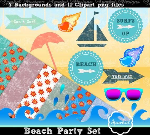 Beach Clipart, Beach Digital Paper Kit, Retro Summer elements and Invitation Clip art Waves and Sailboats Seashells and Sunglasses Il_570xn