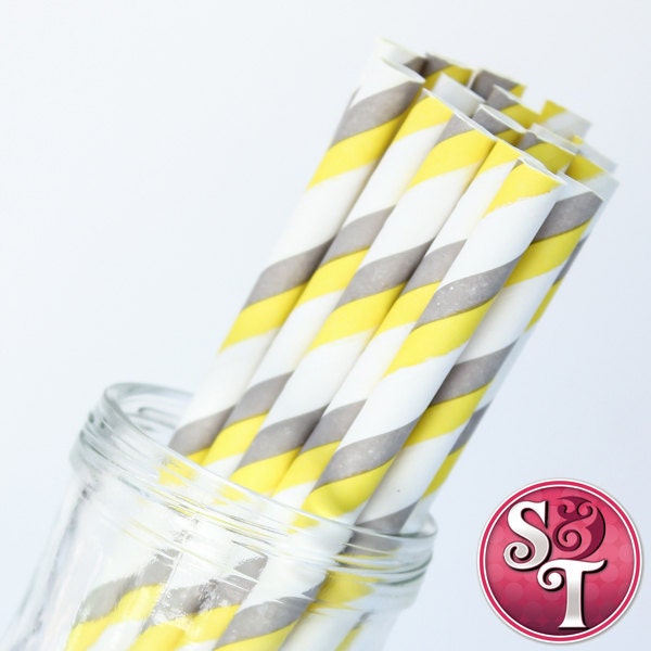 Stripe Gray/Yellow Party Paper Straws - Cake Pop Sticks - Pixie Sticks - Qty 25 Il_570xn